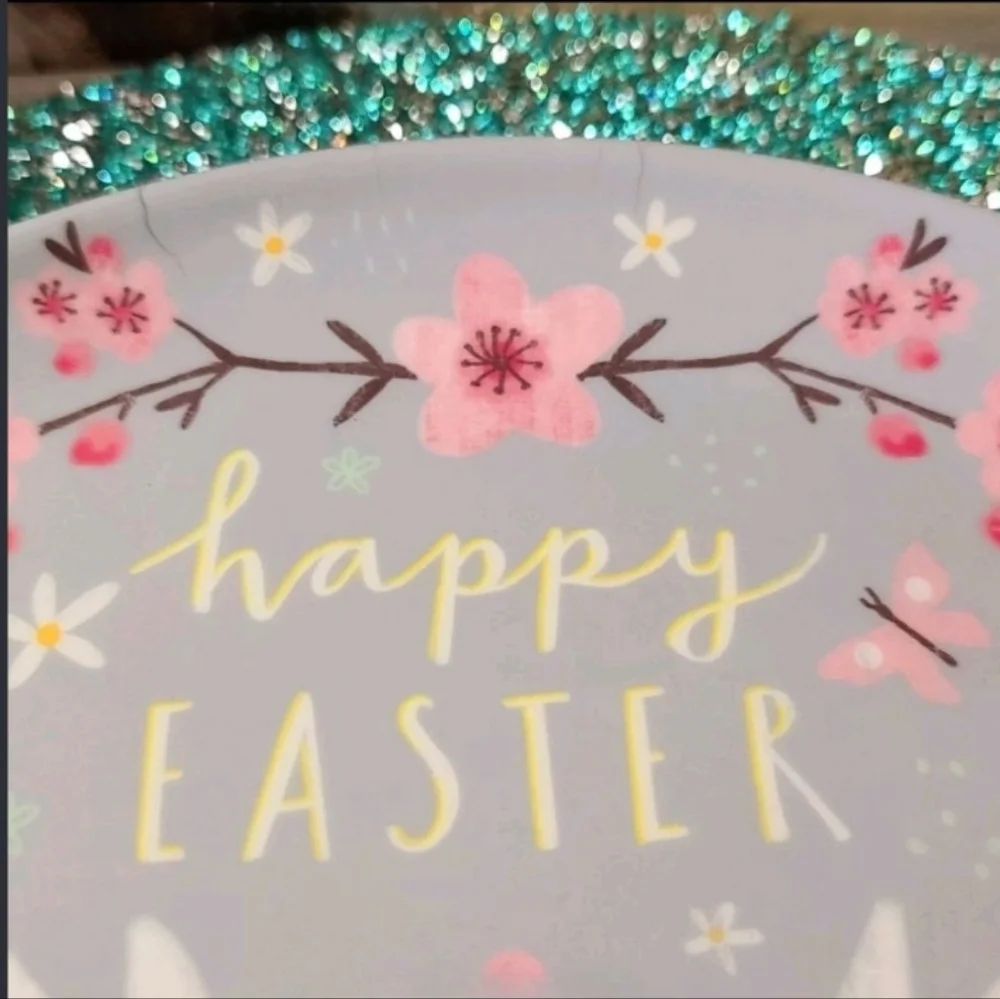 x6 Happy Easter Cherry Blossom Bunny Rabbit Couple Melamine Dinner Plate Set New